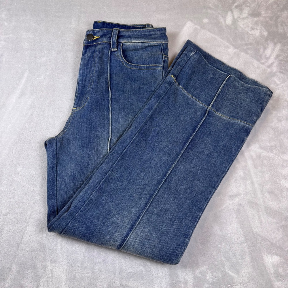 Miou Muse Womens High Rise Wide Leg Seam Detail‎ Jeans Medium Wash Blue Size S